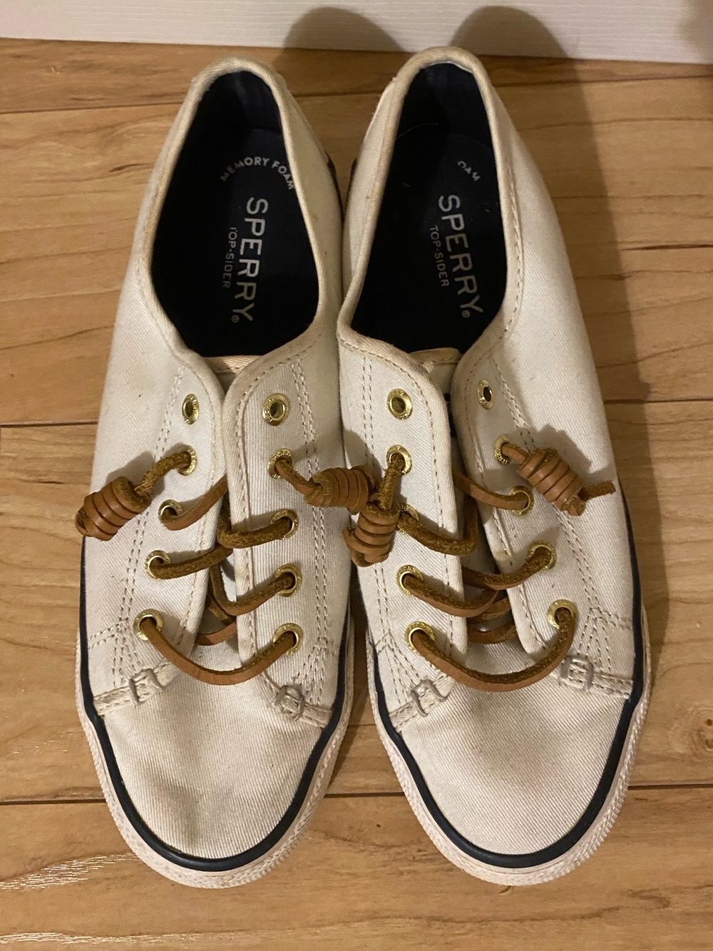 Sperry Low-Top Canvas Sneakers in Cream with Navy Trim and Tan Laces